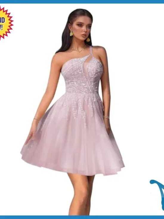 One Shoulder Beaded Tulle Prom Dress with Pockets A Line Formal - Picture 5 of 7
